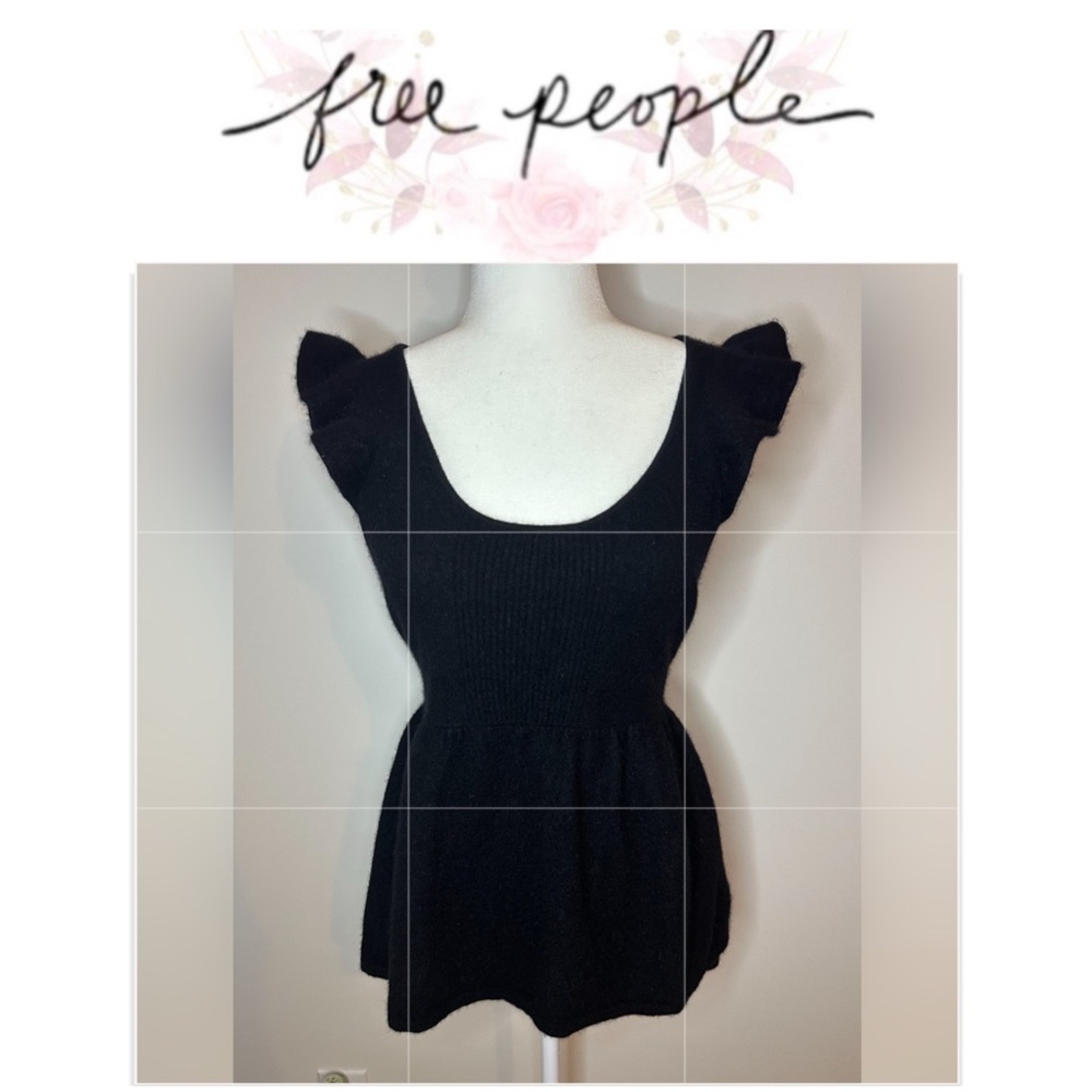 Free People Top Angora and Wool Black Sleeveless Sweater Tie Waist Sz M #914